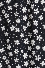 black floral print fabric with white flowers on a dark background