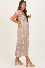 Beige Floral V-Neck Button Detail Maternity Midi Dress