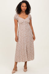 Beige Floral V-Neck Button Detail Midi Dress