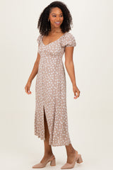 Beige Floral V-Neck Button Detail Midi Dress