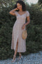 Beige Floral V-Neck Button Detail Midi Dress