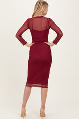 Burgundy Printed Mesh Long Sleeve Midi Dress
