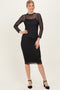 Black Printed Mesh Long Sleeve Midi Dress