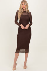 Brown Printed Mesh Long Sleeve Maternity Midi Dress