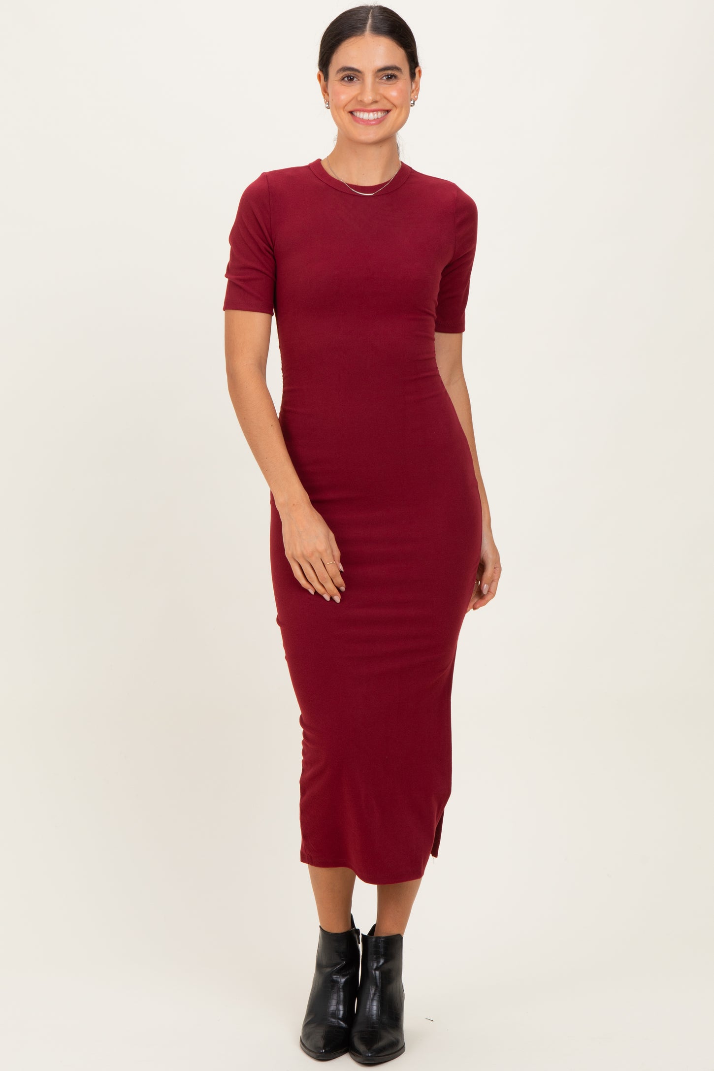 Burgundy Ruched Side Slit Maternity Midi Dress