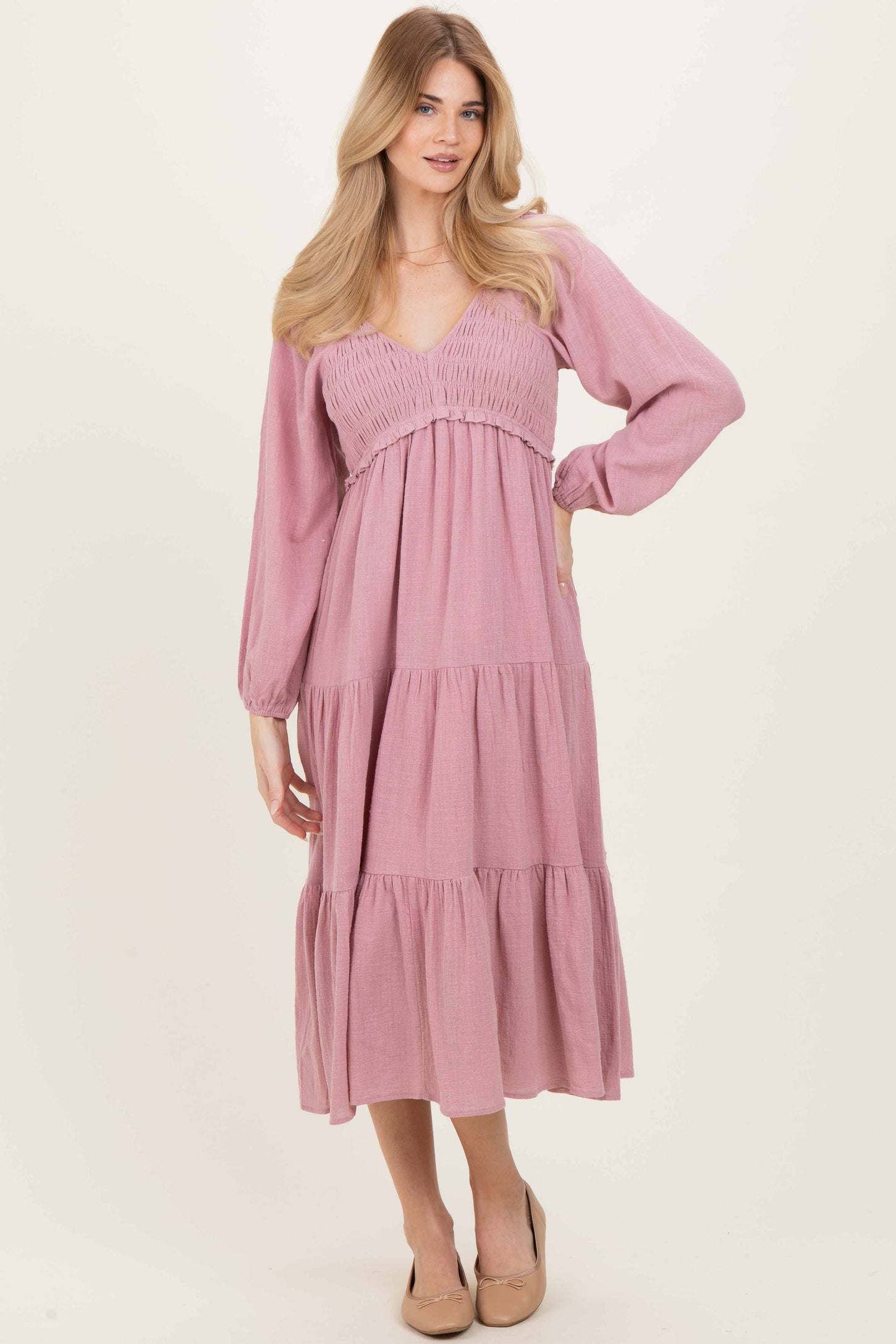 Dusty Rose Smocked Long Sleeve Midi Dress