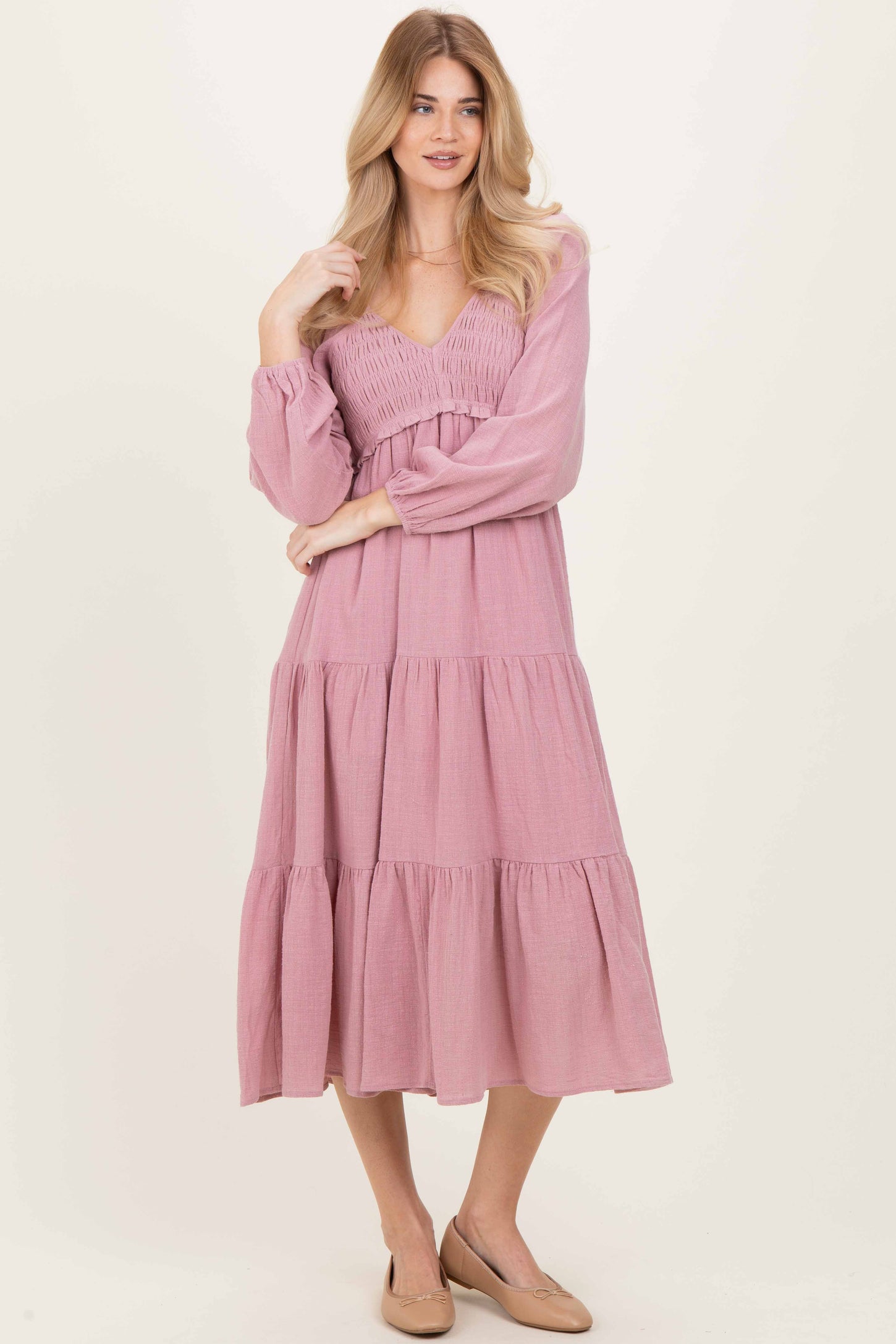 Dusty Rose Smocked Long Sleeve Midi Dress