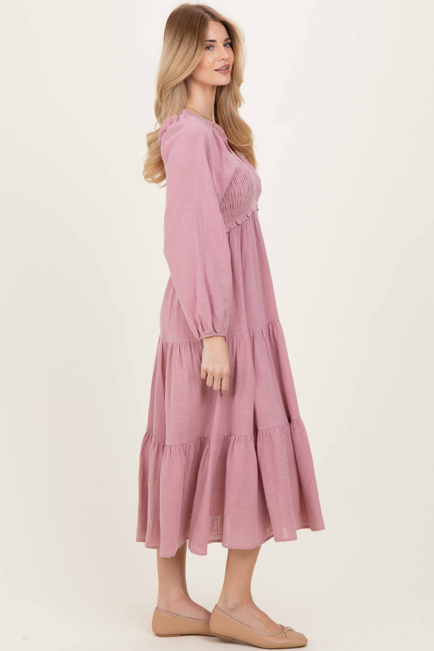 Dusty Rose Smocked Long Sleeve Midi Dress