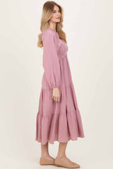 Dusty Rose Smocked Long Sleeve Midi Dress
