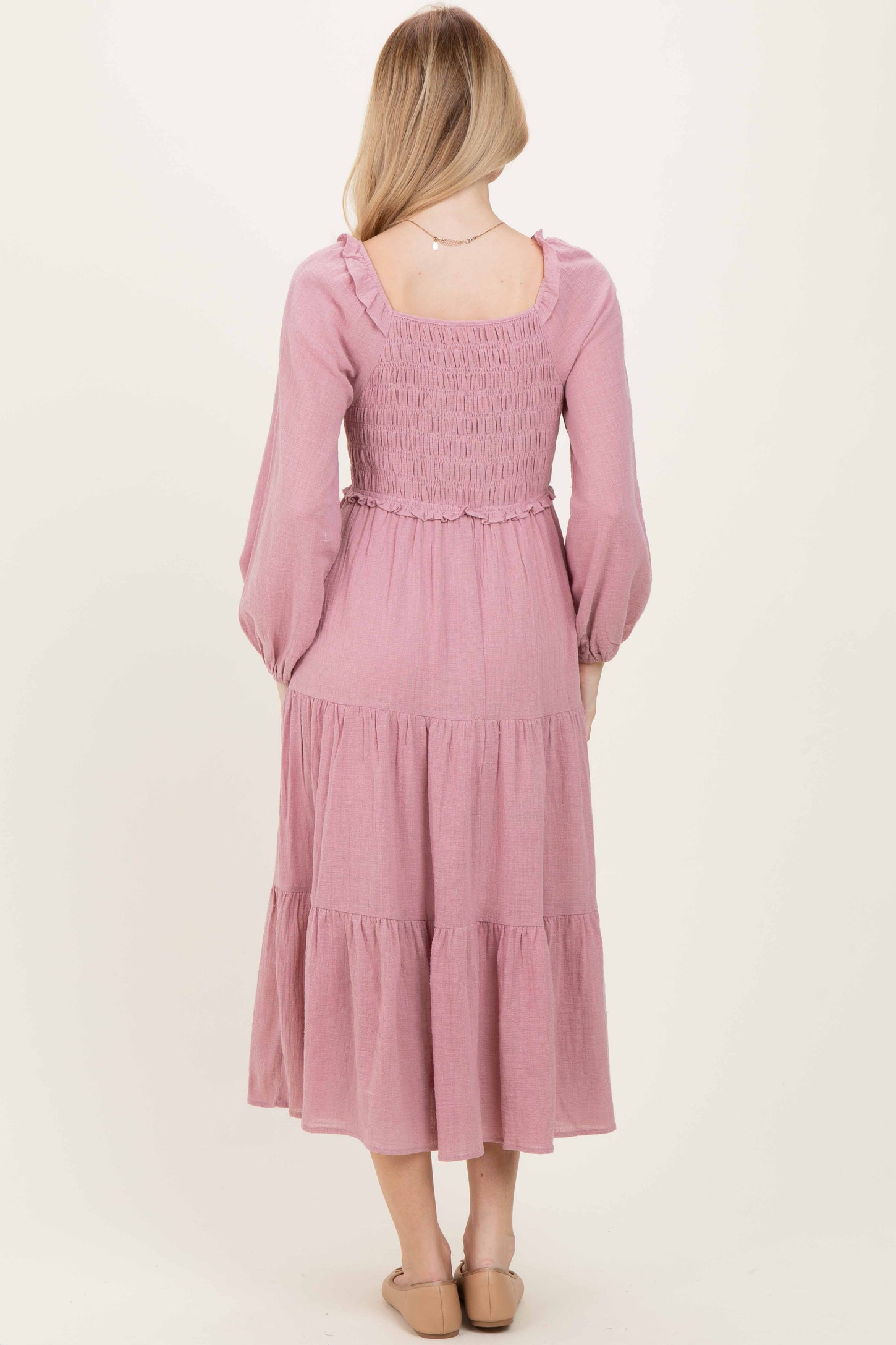 Dusty Rose Smocked Long Sleeve Midi Dress