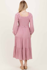 Dusty Rose Smocked Long Sleeve Midi Dress