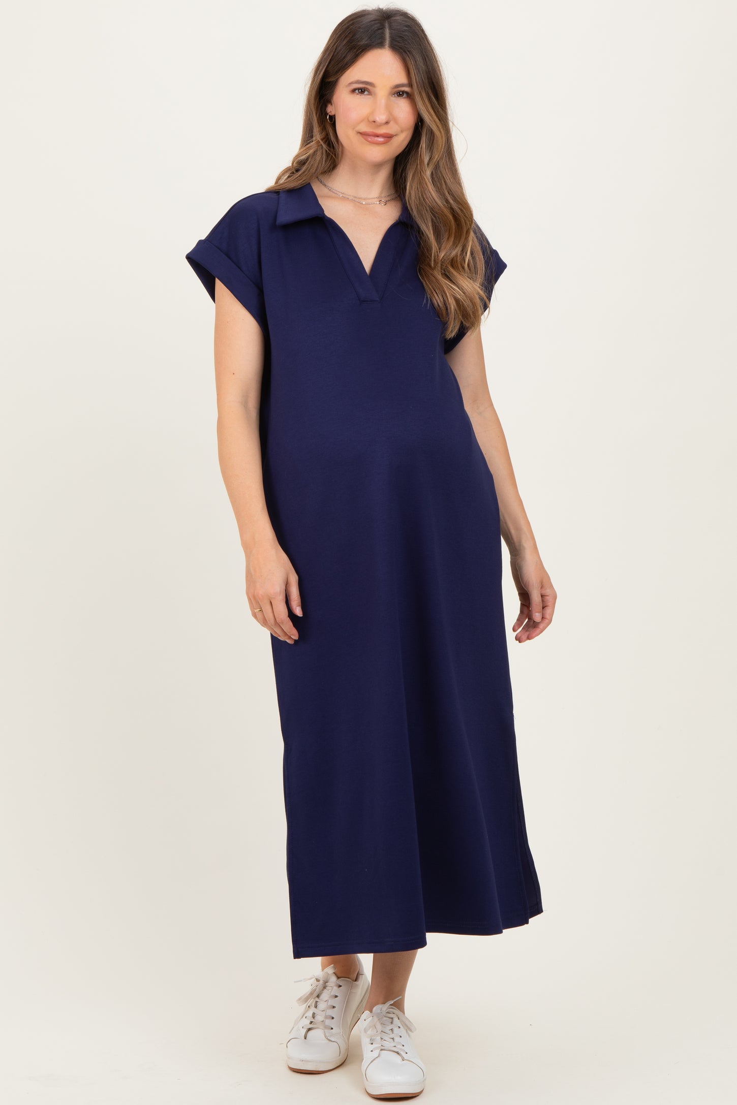Navy Collared Oversized Maternity Midi Dress
