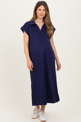 Navy Collared Oversized Maternity Midi Dress