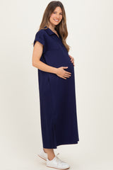 Navy Collared Oversized Maternity Midi Dress