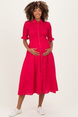 Red Gingham Smocked Button Down Maternity Midi Dress