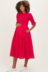 Red Gingham Smocked Button Down Maternity Midi Dress