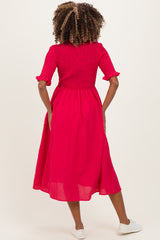 Red Gingham Smocked Button Down Maternity Midi Dress