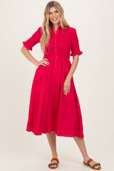 Red Gingham Smocked Button Down Maternity Midi Dress