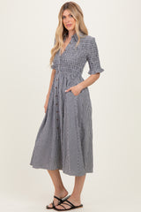 Black Gingham Smocked Button Down Midi Dress