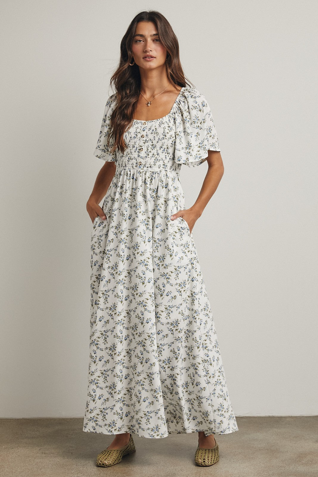 Off White Floral Smocked Flutter Sleeve Midi Dress