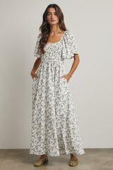 Off White Floral Smocked Flutter Sleeve Midi Dress