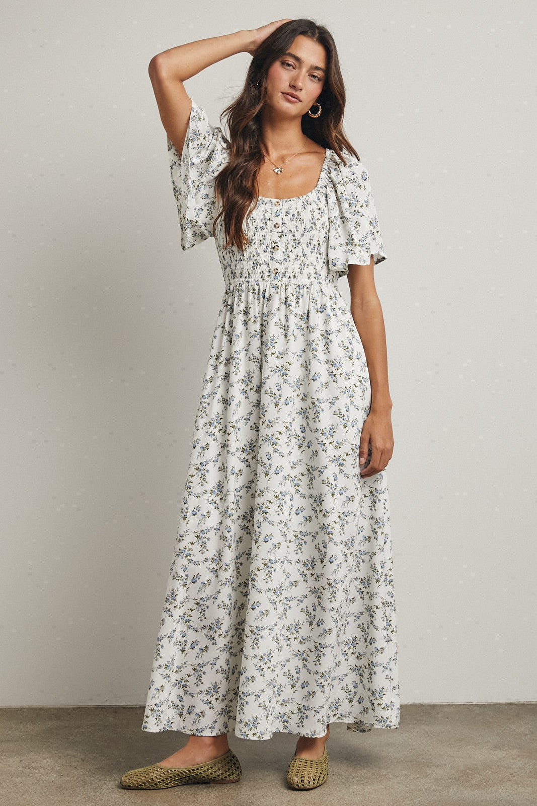 Off White Floral Smocked Flutter Sleeve Midi Dress