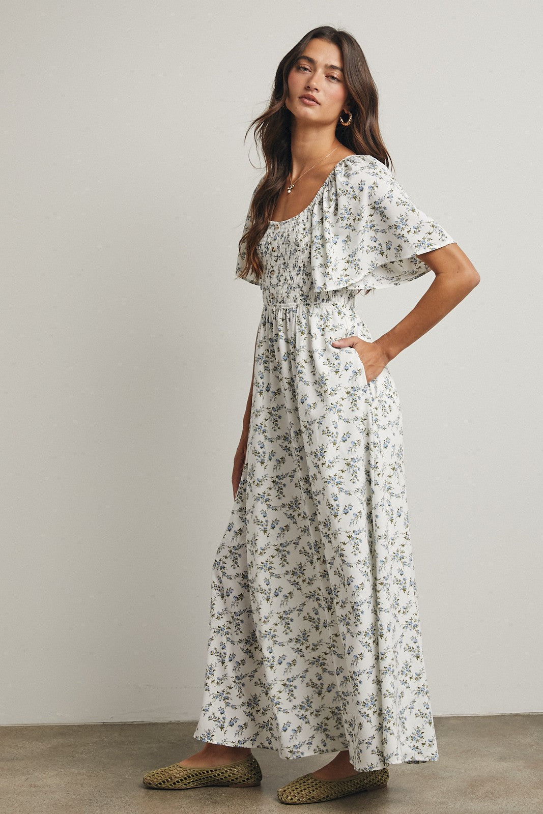 Off White Floral Smocked Flutter Sleeve Midi Dress