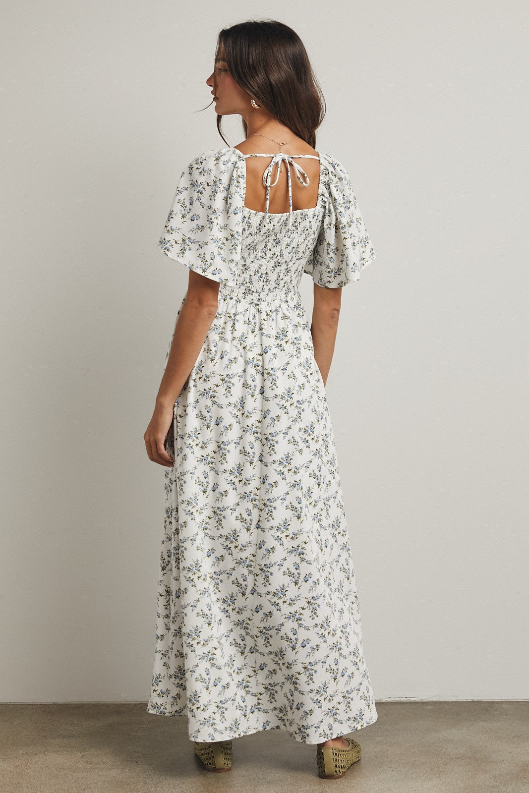 Off White Floral Smocked Flutter Sleeve Midi Dress