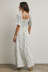 Off White Floral Smocked Flutter Sleeve Midi Dress