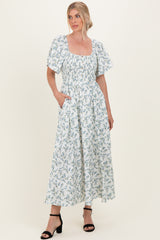 Off White Floral Smocked Flutter Sleeve Midi Dress