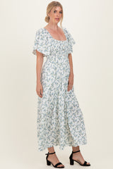 Off White Floral Smocked Flutter Sleeve Midi Dress