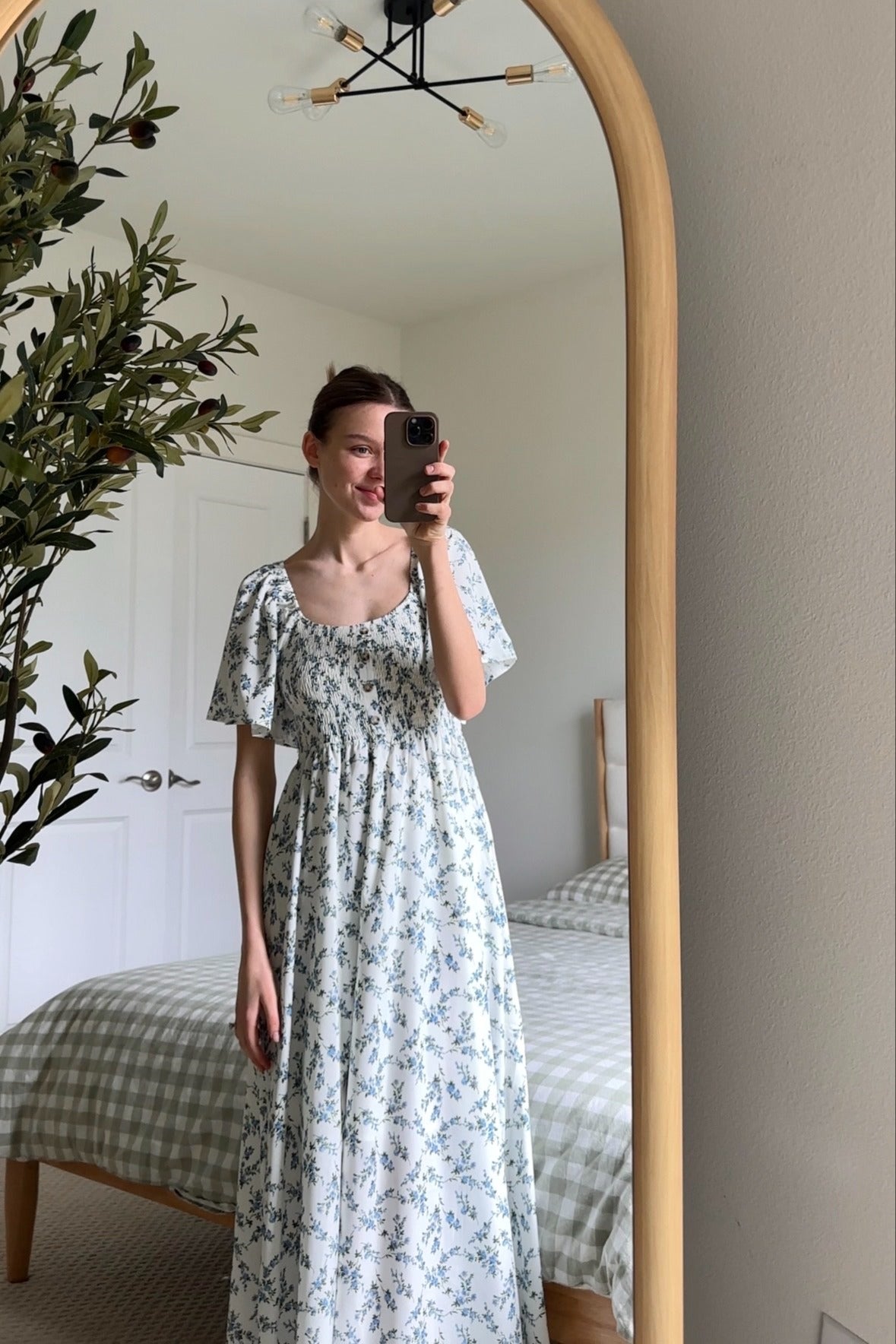 Off White Floral Smocked Flutter Sleeve Midi Dress