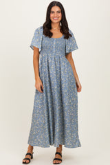 Grey Floral Smocked Flutter Sleeve Midi Dress