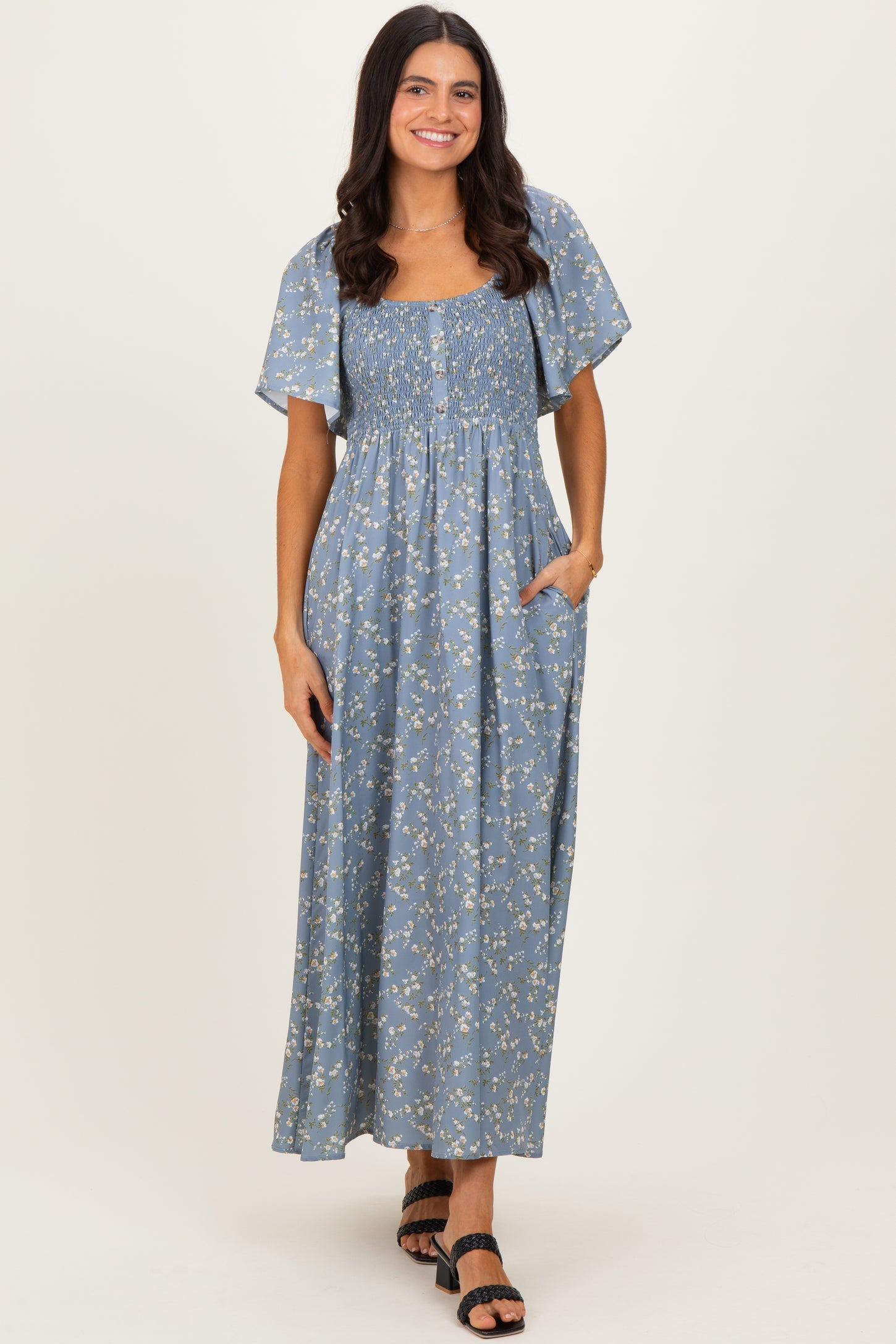 Grey Floral Smocked Flutter Sleeve Midi Dress