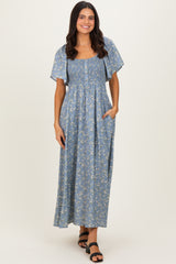 Grey Floral Smocked Flutter Sleeve Midi Dress