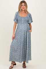 Grey Floral Smocked Flutter Sleeve Maternity Midi Dress