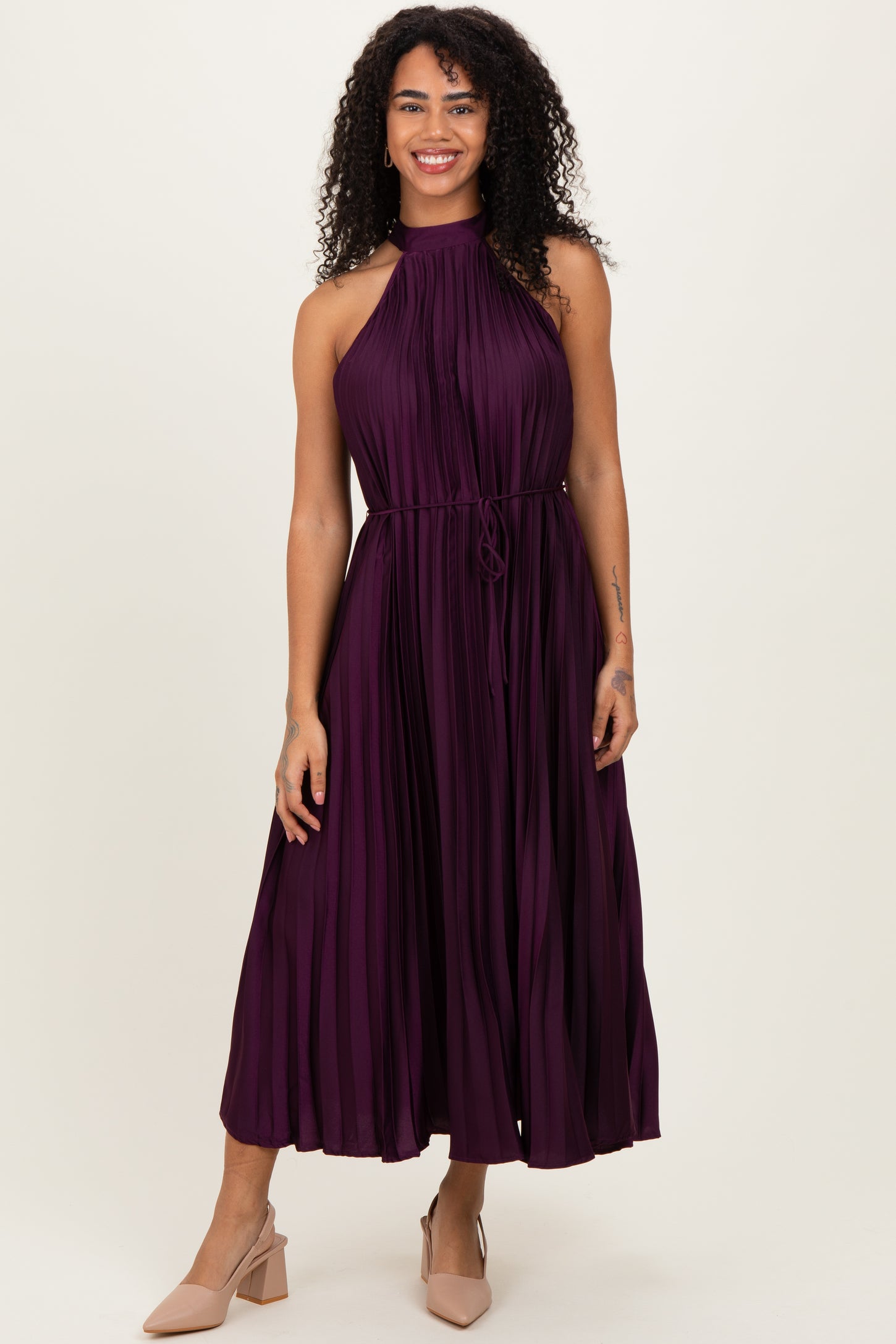 Purple Pleated Halter Dress