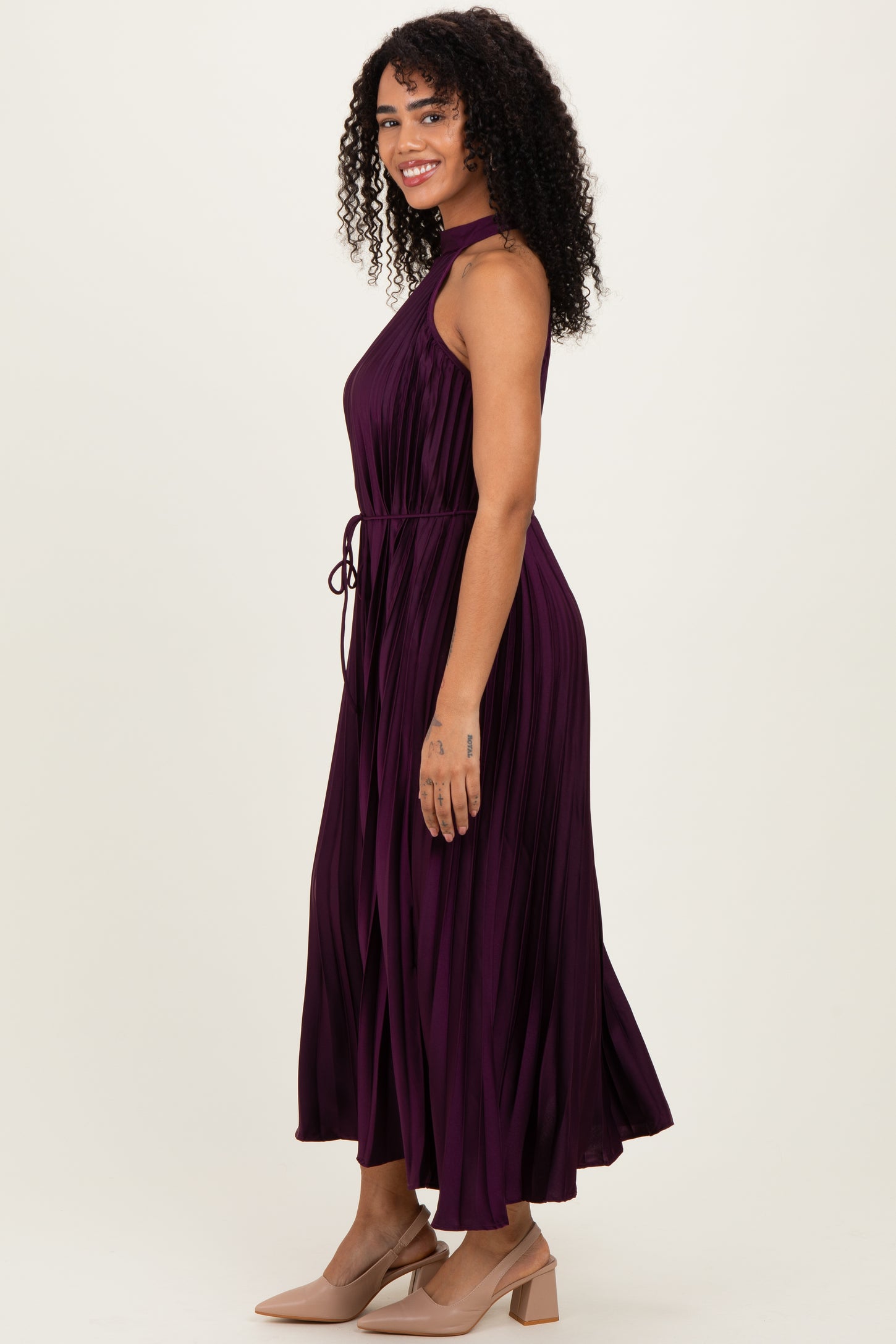 Purple Pleated Halter Dress