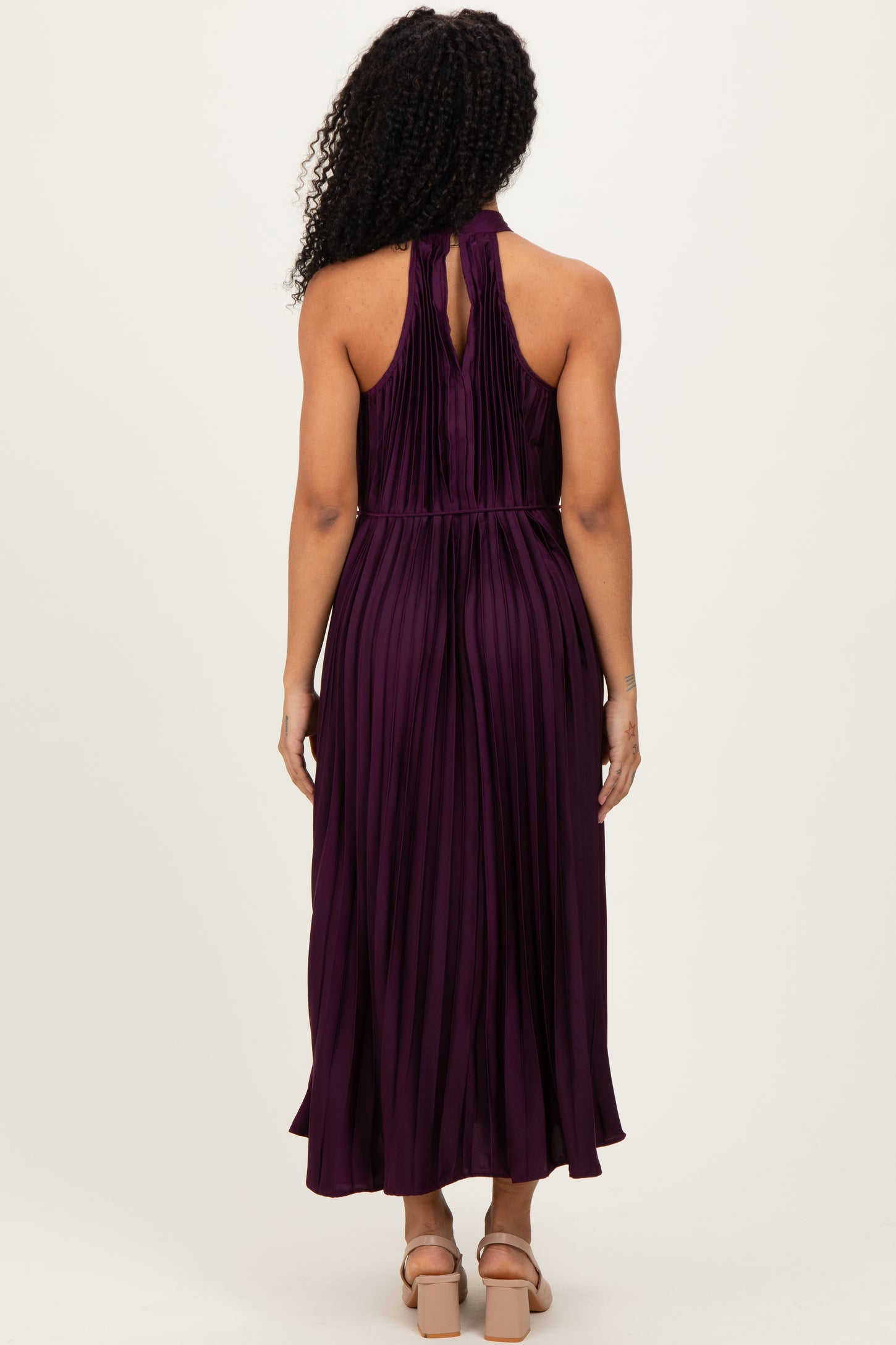 Purple Pleated Halter Dress