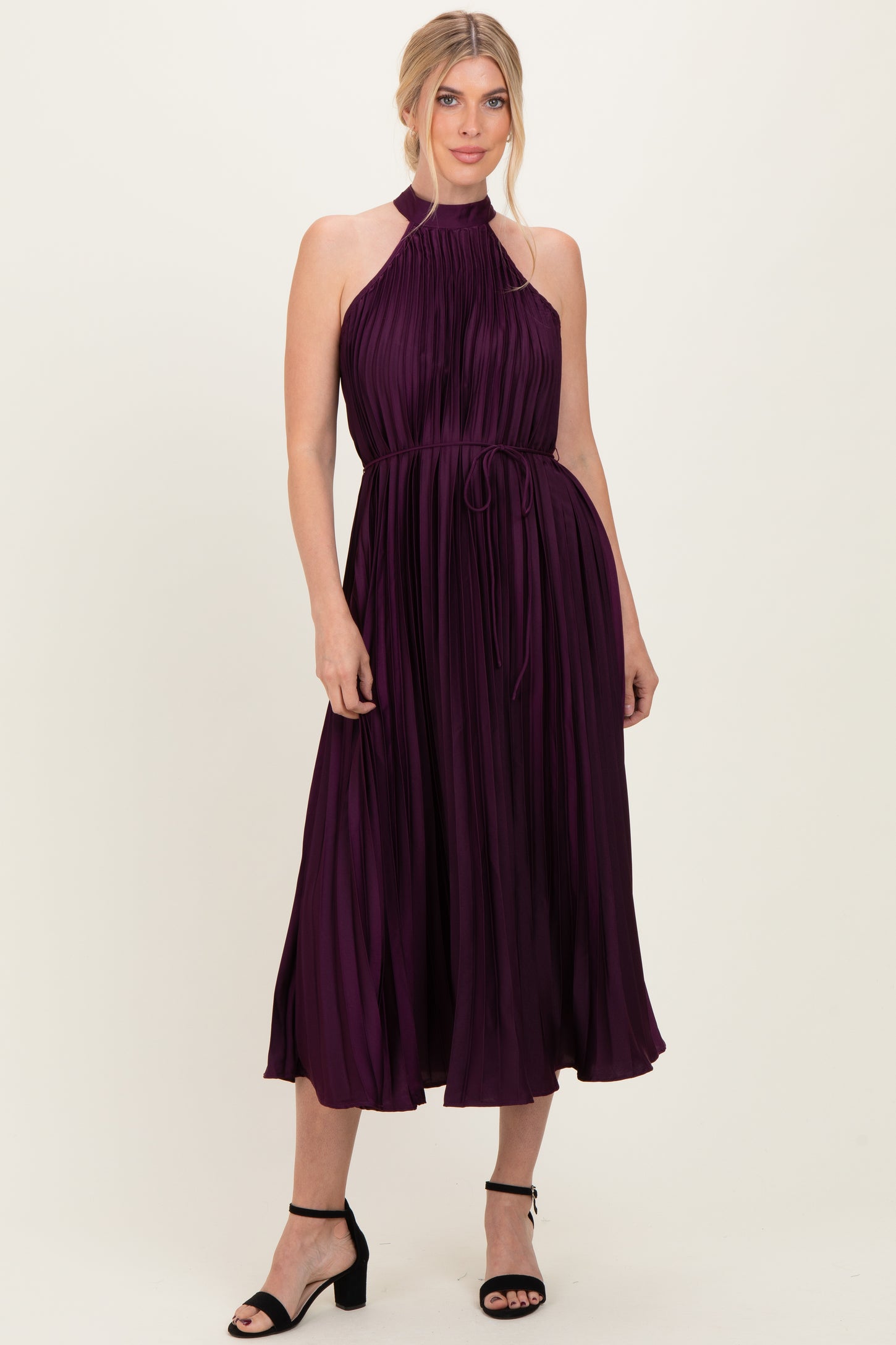 Purple Pleated Halter Dress