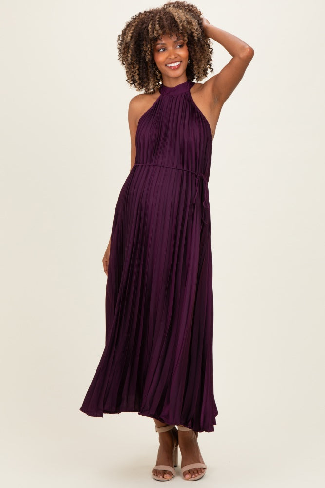 Purple Pleated Maternity Halter Dress