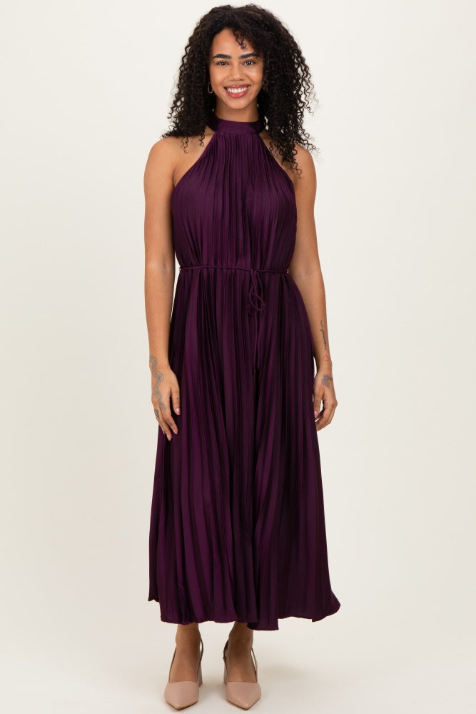 Purple Pleated Maternity Halter Dress