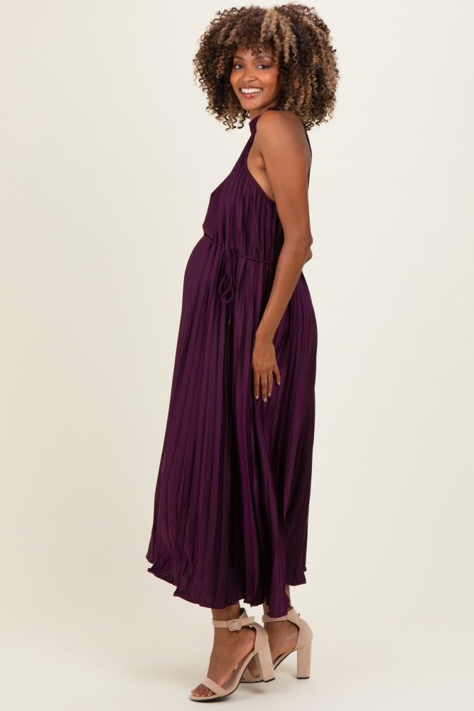 Purple Pleated Maternity Halter Dress