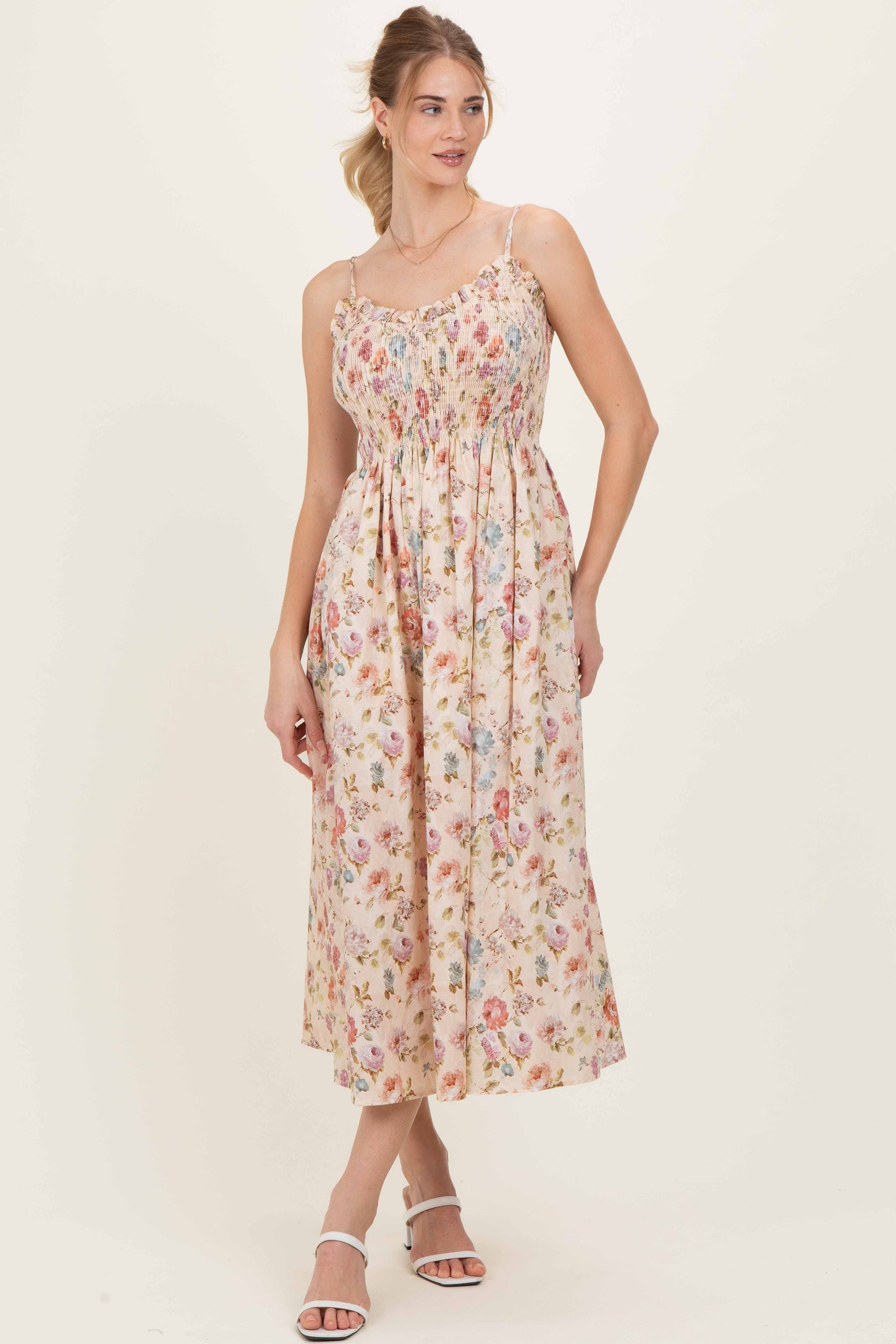 Cream Floral Smocked Ruffle Detail Midi Dress