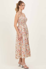 Cream Floral Smocked Ruffle Detail Midi Dress