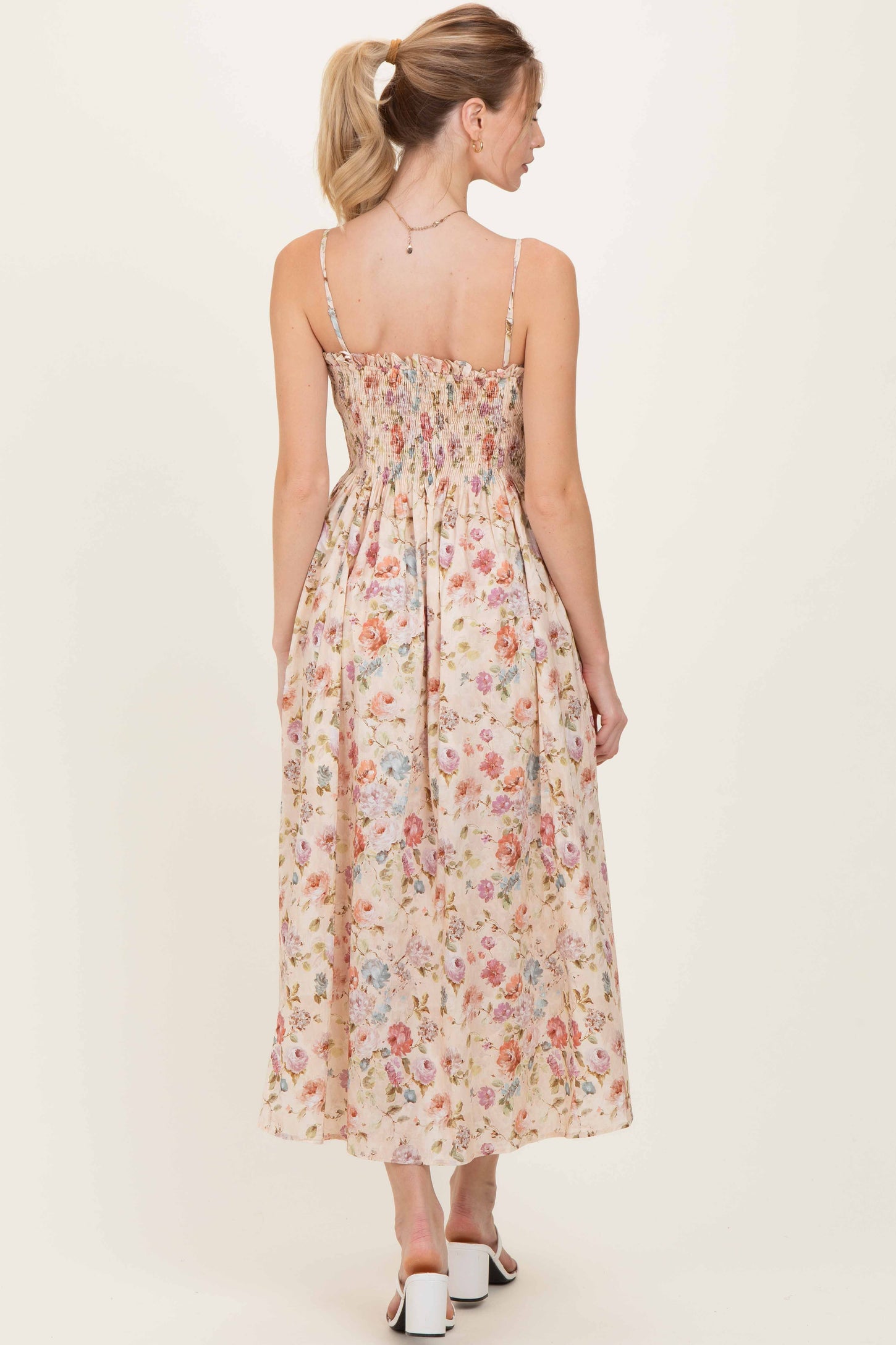 Cream Floral Smocked Ruffle Detail Midi Dress