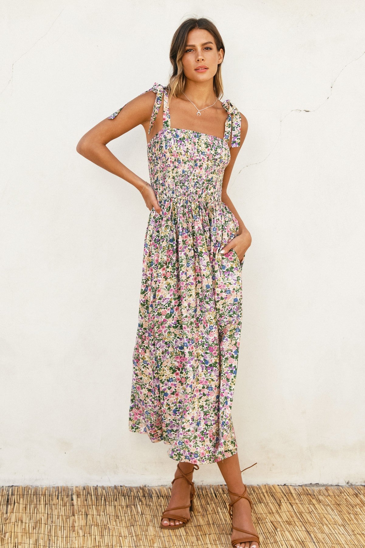 Pink Floral Smocked Shoulder Tie Maternity Midi Dress