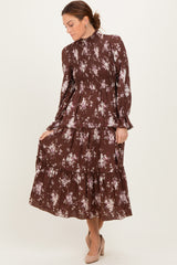 Brown Floral Smocked Ruffle Tier Midi Dress
