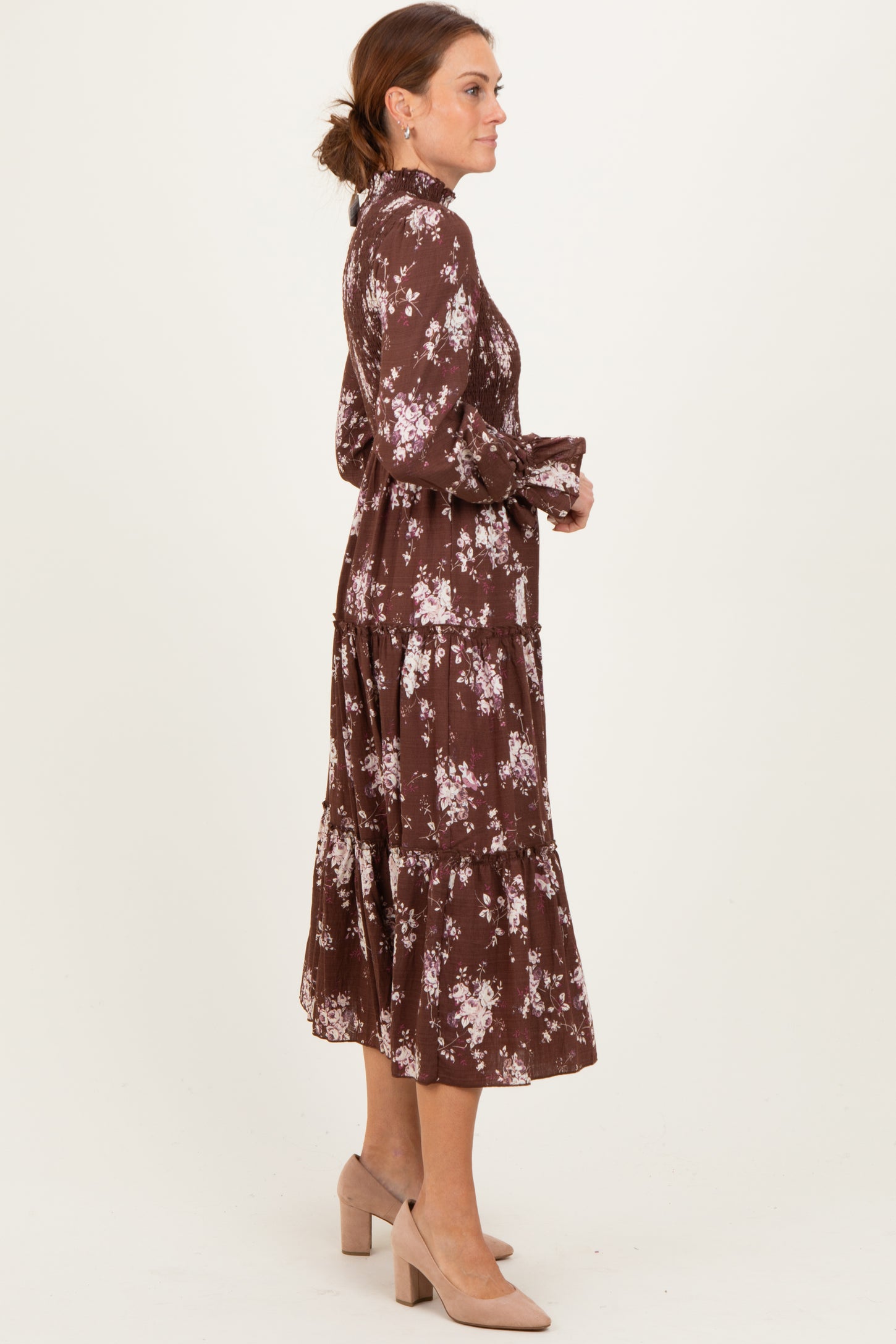 Brown Floral Smocked Ruffle Tier Midi Dress
