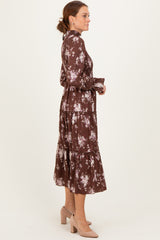 Brown Floral Smocked Ruffle Tier Midi Dress